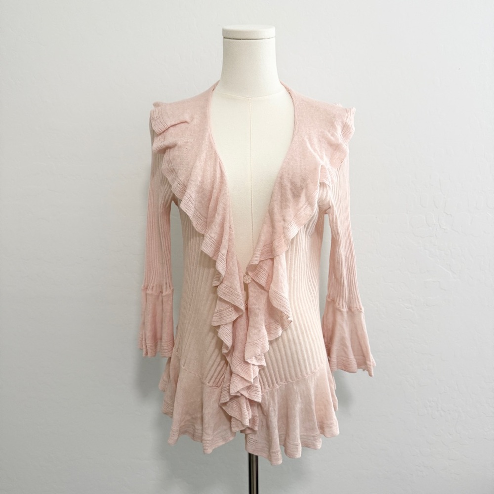Knitted and Knotted Anthropologie Knit Ruffle Pink cardigan